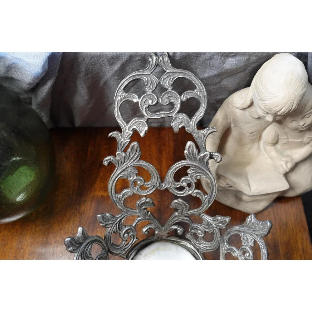vintage pewter oval Victorian basket‎ ornate decor metal freestanding